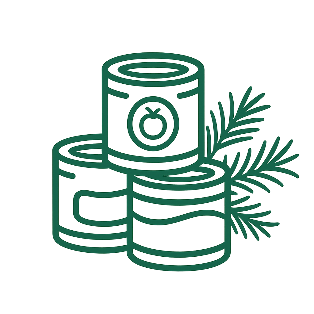 A graphic image of three stacked canned food items with a decorative plant leaf on the side. Represents items that may be donated during the food drive.