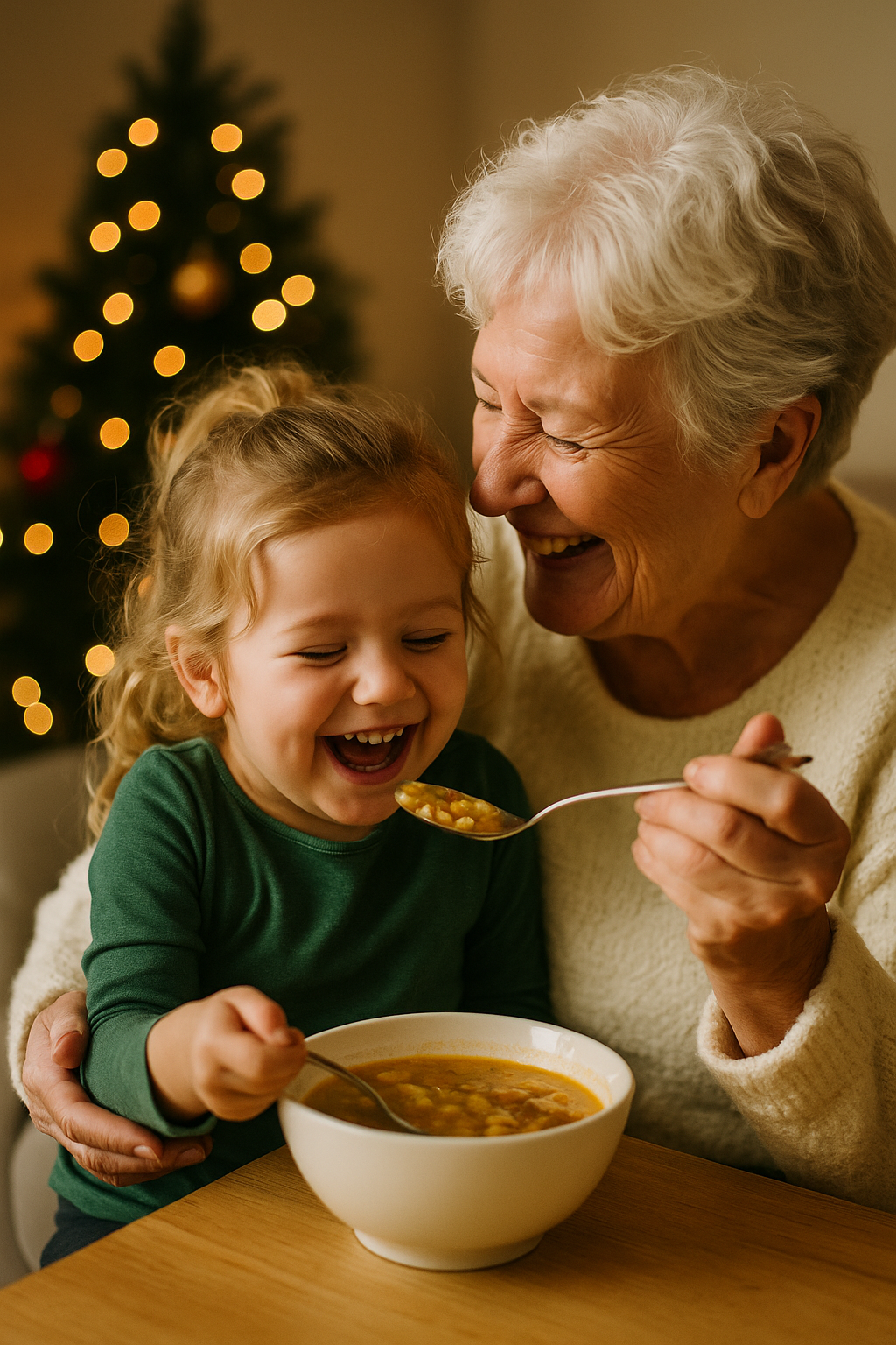 A grandmother and her young grandchild share a warm meal together, smiling beside a softly lit Christmas tree—reflecting the kind of support made possible through community donations to the Marysville Community Food Bank.