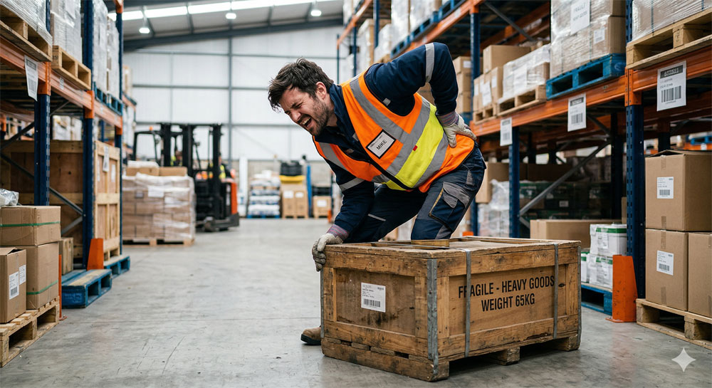 Warehouse worker holding his lower back in pain while lifting a heavy crate, representing a workers compensation injury treated in Marysville, WA.